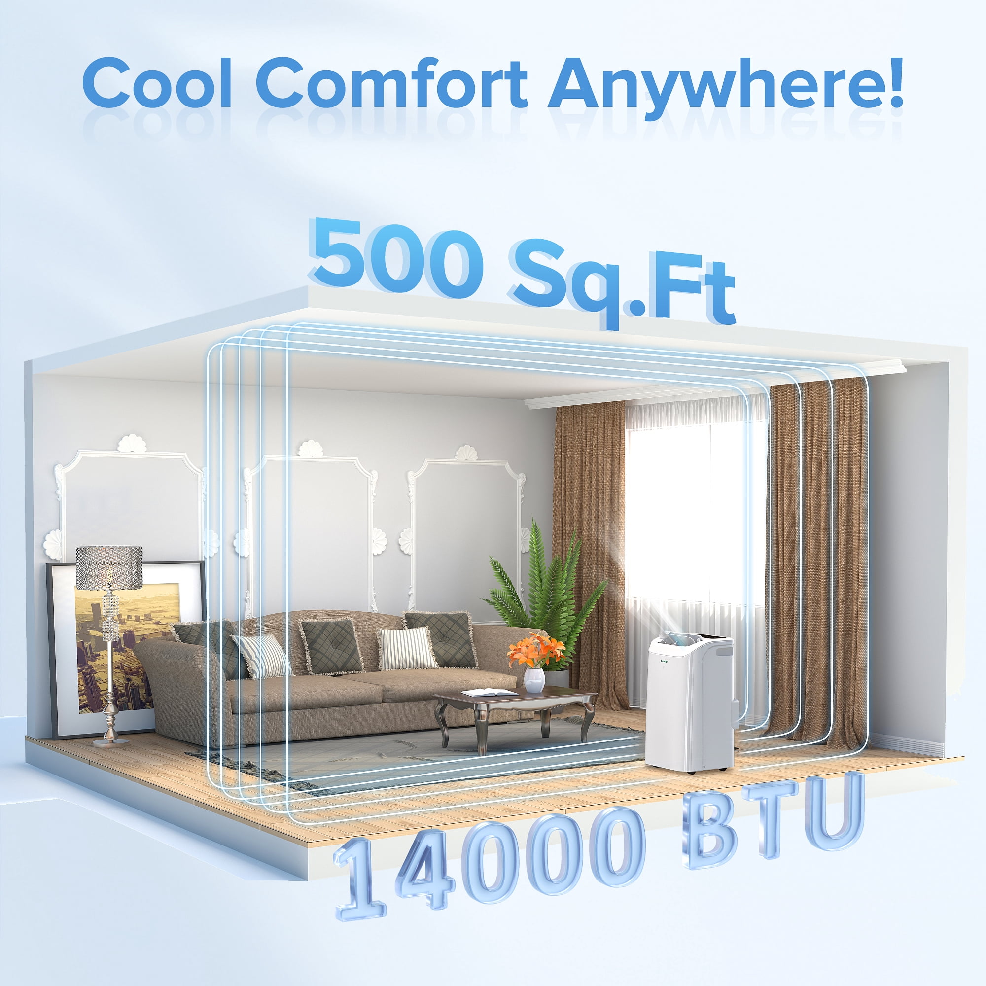 Zafro 14,000 BTU (12000 BTU SACC) Portable Air Conditioner with Wifi & Remove Control, 46dB Ultra-Quiet Cools Up to 500sq.ft