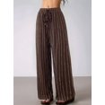 thumbnail image 5 of Women's Striped High Waist Drawstring Wide Leg Loose Casual Trousers with Pockets Dark Brown S, 5 of 9