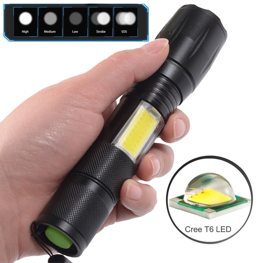T6 COB Zoomable Light Lamp Torch with LED Flashlight 18650 USB Rechargeable 