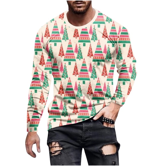 VALMASS Chandails de Noël Laids pour Hommes Col Rond Xmas Graphiques Manches Longues Blouses Grande Taille Décontracté Doux Léger Hauts (S, Beige)