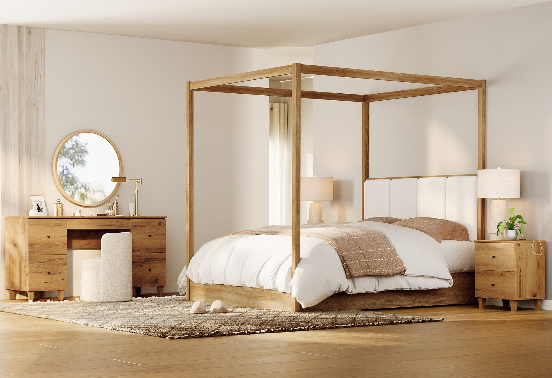 WAMPAT Modern Bedroom Furniture Set of 2, Queen Size Canopy 4 Poster Bed Frame with Headboard and No Box Spring Needed, 58" Storage Vanity Desk with Charging Station and Drawers, Dark Brown Wood