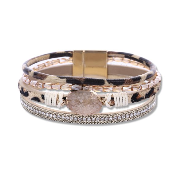 HUANLEDASH Women Cuff Bangle Four Layers Faux Crystal Rhinestone Retro Fake Leather Magnetic Clasp Girls Wrap Bracelet Fashion Jewelry Gift