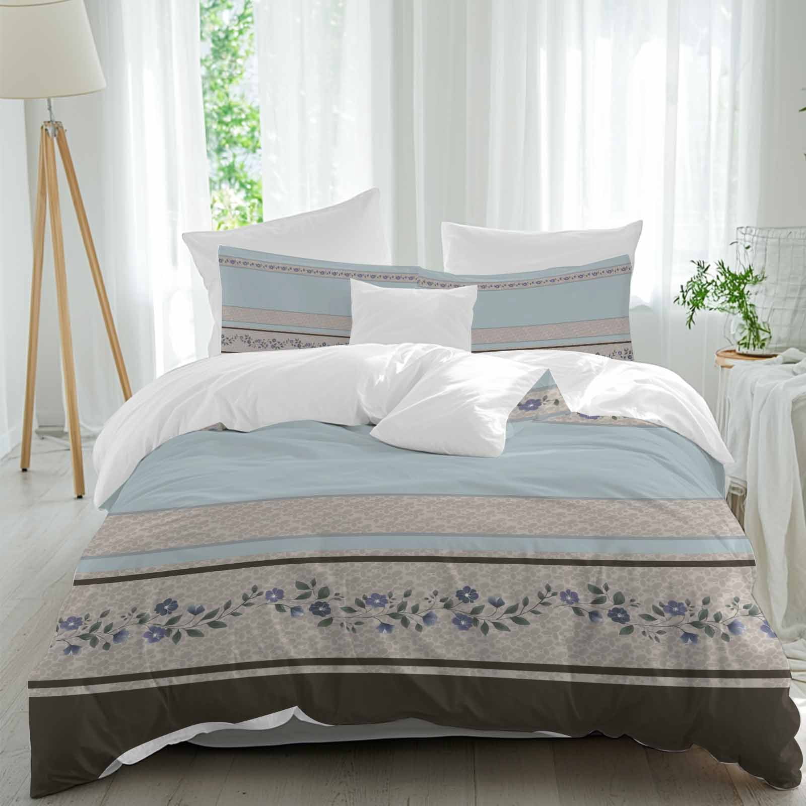 Aqua Floral Bedding 3 Piece Duvet Cover Set Twin Size, Modern Farmhouse Leaves Brown Striped Soft Microfiber Comforter Cover with Zipper Closure & Pillowcases, Wrinkle & FadeResistant Quilt Cover