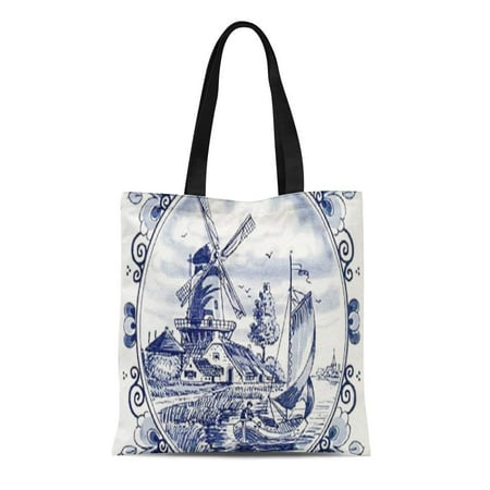 Holland Delft - KDAGR Canvas Tote Bag Nederland Cute Vintage Dutch Windmill Delft Blue the Netherlands Reusable Handbag Shoulder Grocery Shopping Bags