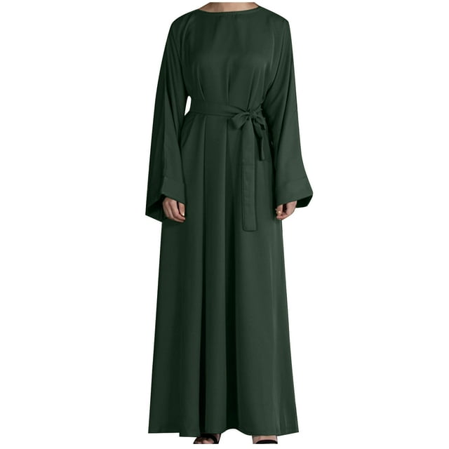 Kaftan Abayas pour Femmes Robe Musulmane Couverture Complète Robe Ethnique Eid Fluide Élégante Ceinturée Plissée Longue Robe