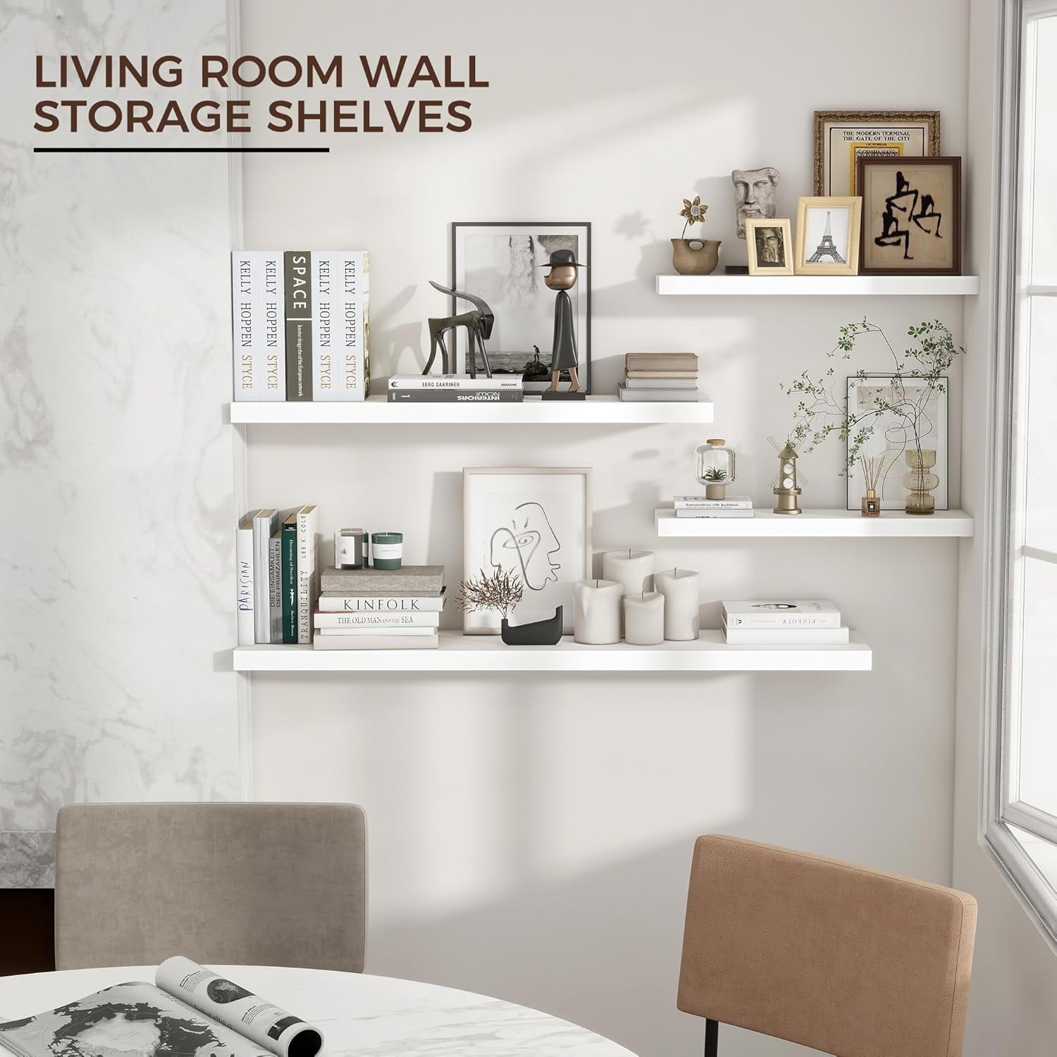 Floating Shelves for Wall, Large Wall Mounted Shelves with Invisible Brackets, Long Wood Floating Wall Shelf Shelves for Living Room, Bedroom, Kitchen, Bathroom Decor (White, 48" W x 9" D x 1.5" H)