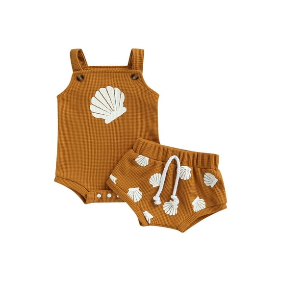 Toddler Baby Boy Girl Summer Clothes Sets Shell Print Strap Button Plaid Knitted Bodysuits+Shorts Tracksuits