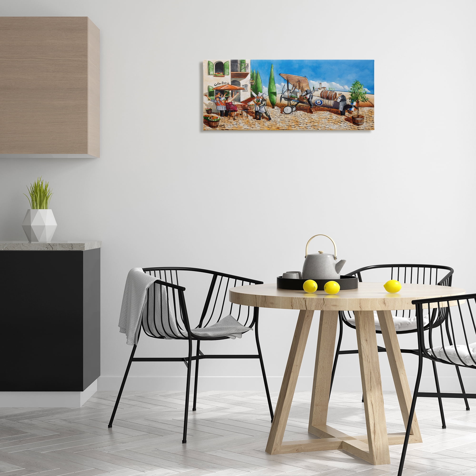 Stupell Industries Café & Airplane Scene Scenery Painting Gallery Wrapped Canvas Art Print Wall Art, 30 x 13