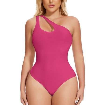 COMFREE Women s One Shoulder Cutout Front Sleeveless Bodysuit Thong Body Suit Tank Top
