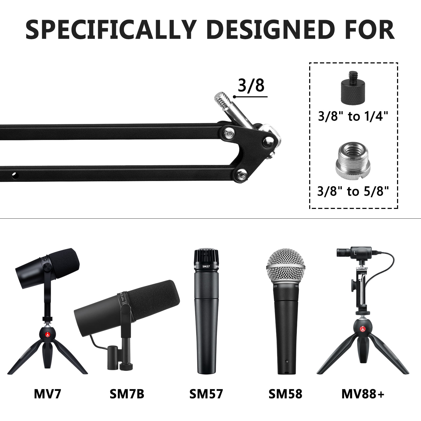 Geekria for Creators Microphone Arm Compatible with Shure MV7+, MV88+, SM7B, MV7, MV7X, SM58, SM57, Mic Boom Arm Mount Adapter, Suspension Stand, Mic Scissor Arm, Desk Mount Holder