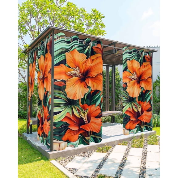 nqOlkjepod Outdoor Curtains for Patio Waterproof, Burnt Orange Floral Outdoor Privacy Panels Grommet, Tropical Botanical Leaves Floral Blackout Outside Curtains for Porch/Cabana 54"x95", 1 Panel