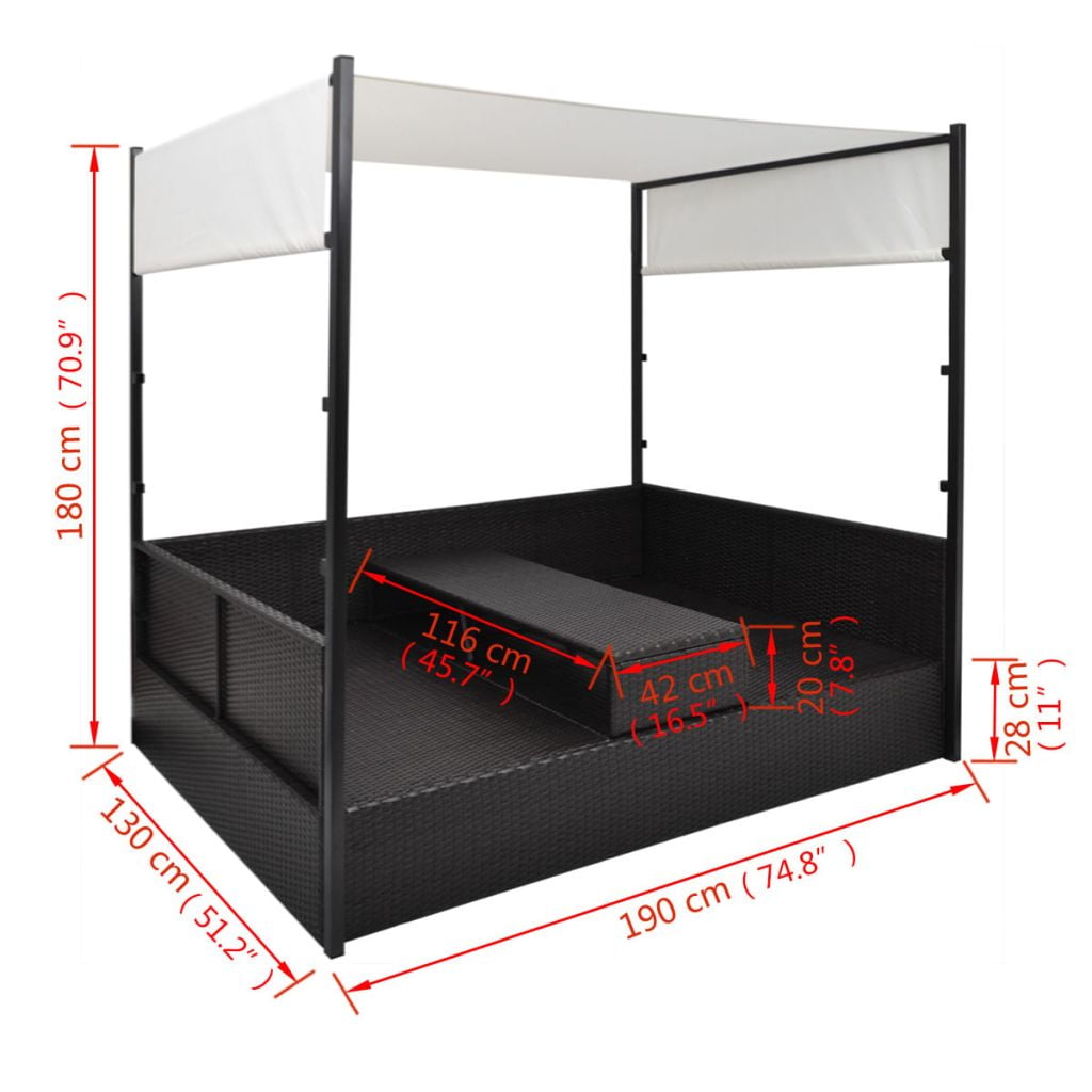 Kepooman Outdoor Rattan Double Chaise with Canopy & Bed Coffee Table, Black Kepooman Outdoor Rattan Double Chaise with Canopy & Bed Coffee Table, Black