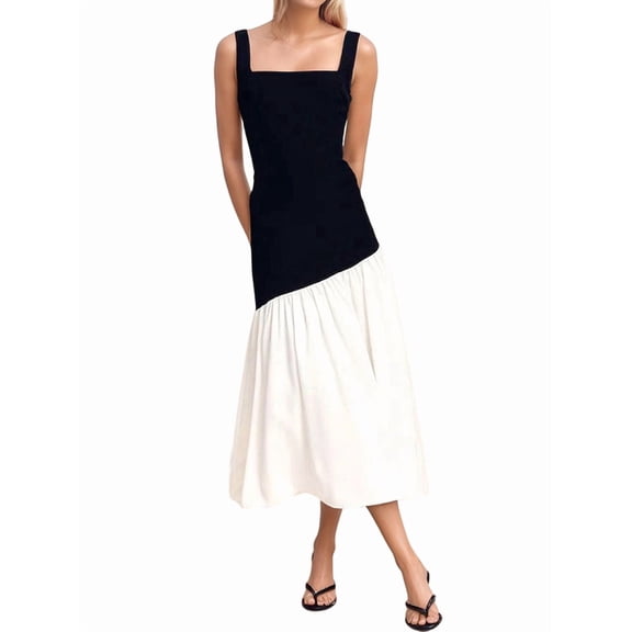Women's Color Block Ruffle Hem Maxi Dress Spaghetti Strap Elegant Long Dresses White S