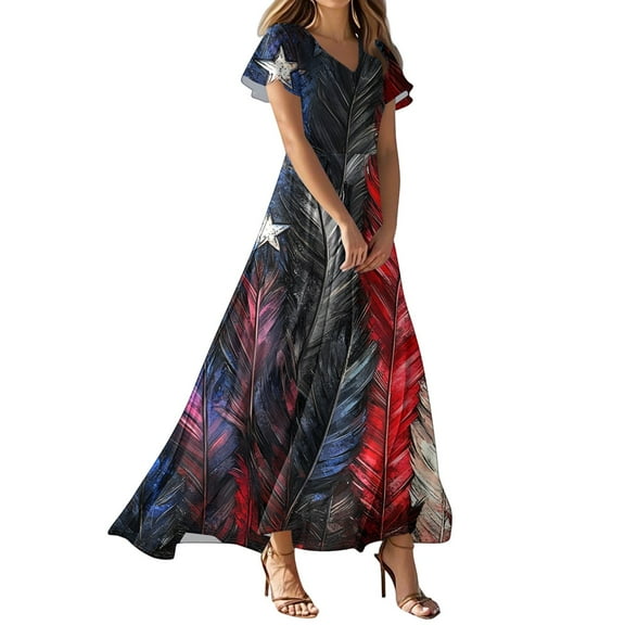 Women's Patriotic Feather Print V-Neck Maxi Dress, American Flag Inspired Short Sleeve Summer Casual Dress for 4th of July ,Red 2XL