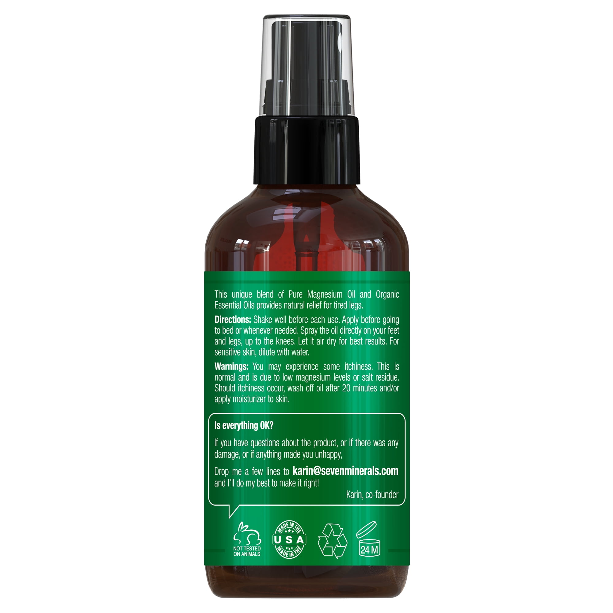 Magnesium Oil Spray for Leg Cramps - with Organic Essential Oils by Seven Minerals 4 Fl oz