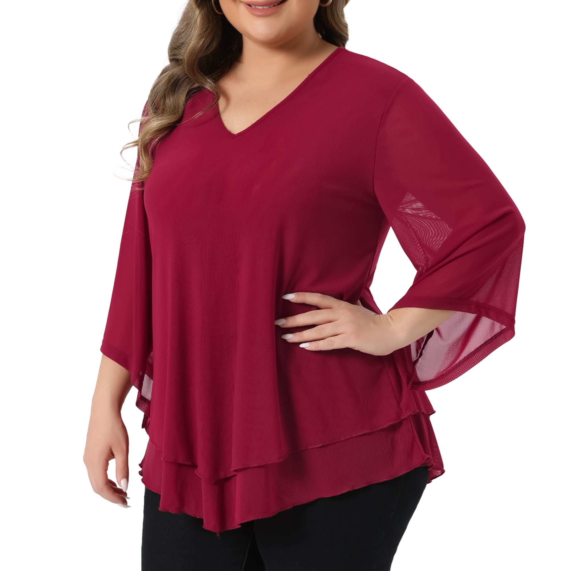 Women's Plus Shirt 3/4 Sleeve Scoop Neck Double Layers Blouse Top 2X Burgundy