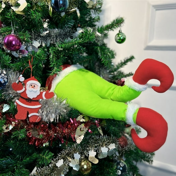 Christmas Tree Decorations, Christmas Green Monster Legs Tree Topper, Pose-able Stuffed Legs for Christmas Tree Hanging Ornanment
