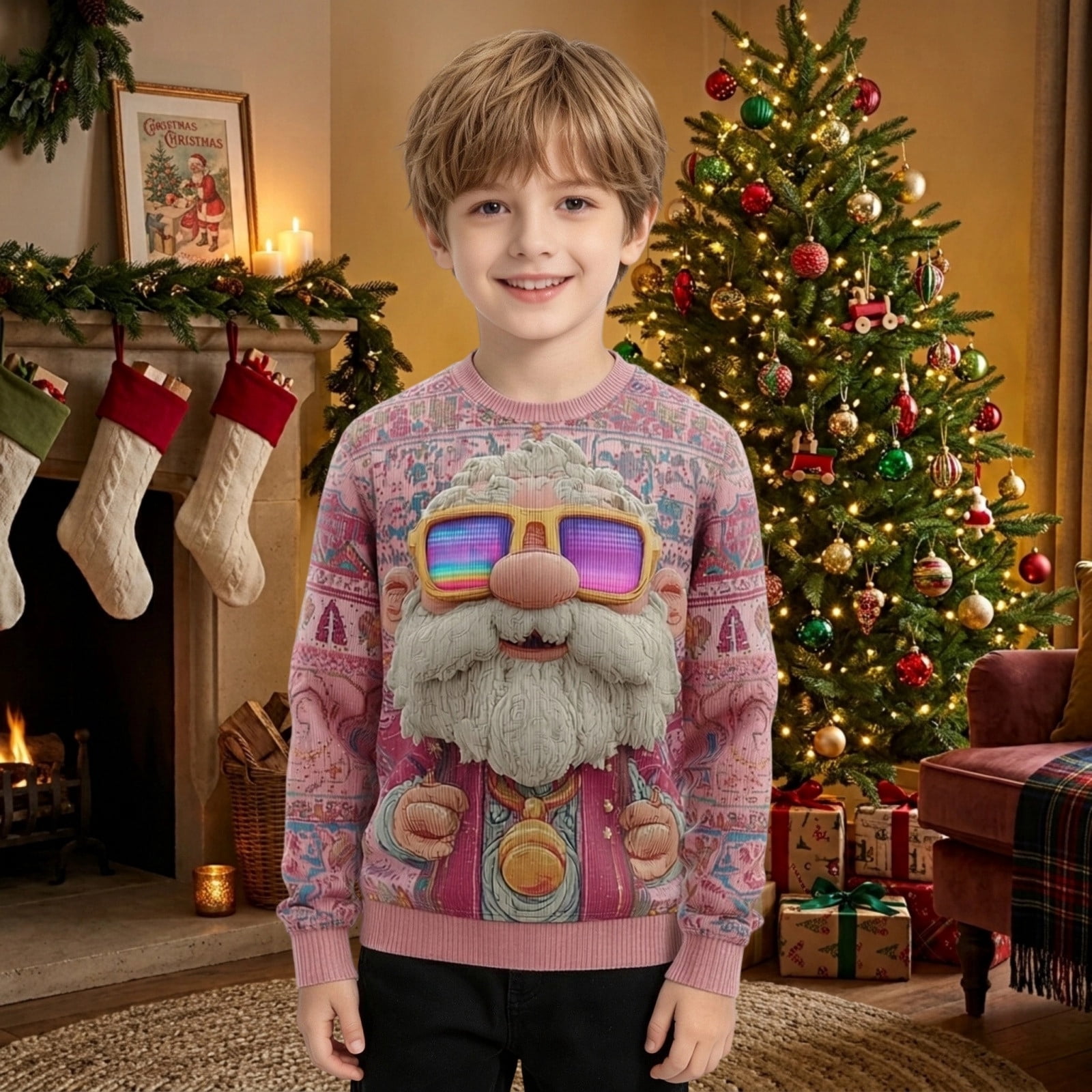 Kids Christmas Santa 3D Print Pullover Holiday Sweater Long Sleeve Red Top Boys Girls 3-14Y