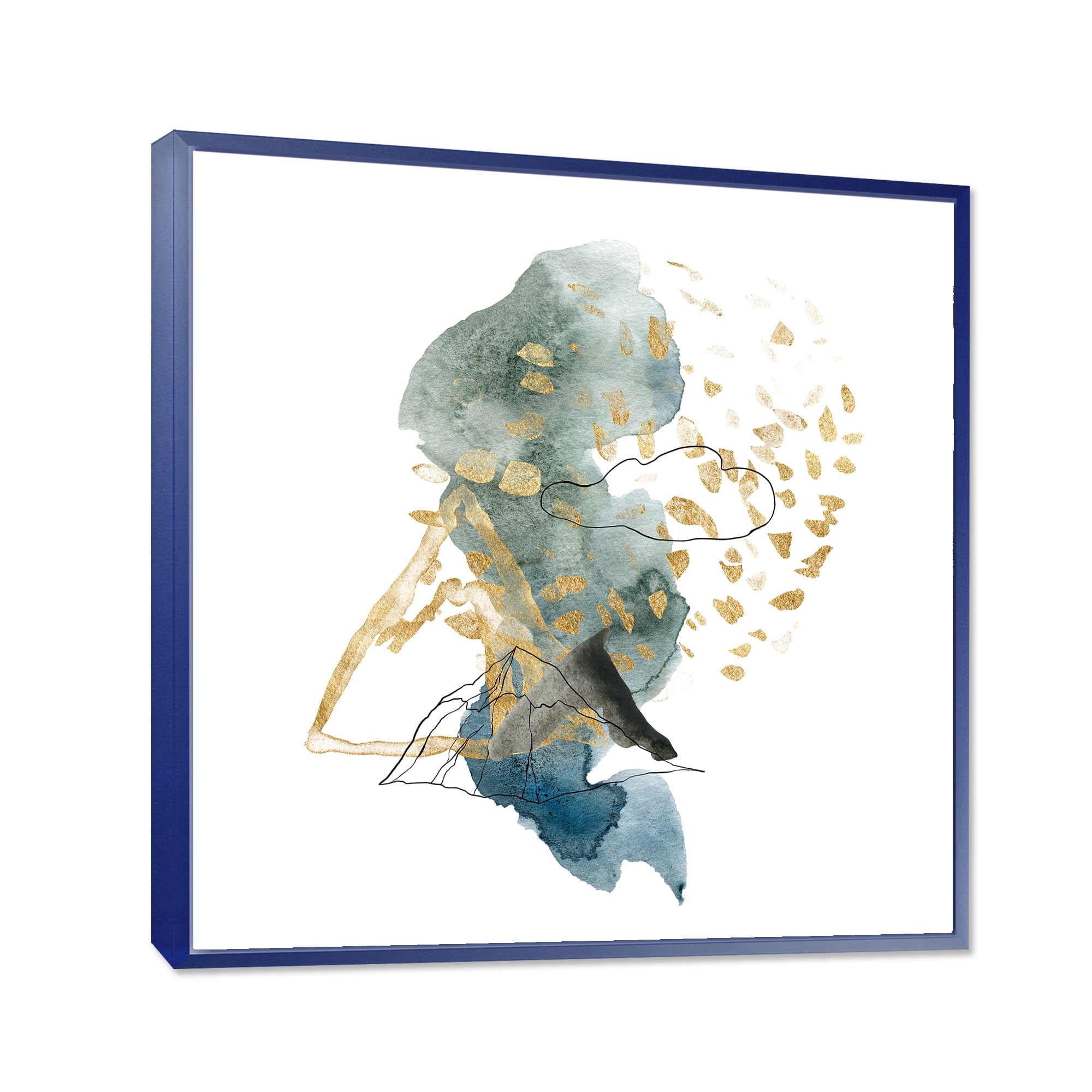 Designart 'Gold Strokes and Landscape of Dark Blue Mountains I' Modern Framed Canvas Wall Art Print