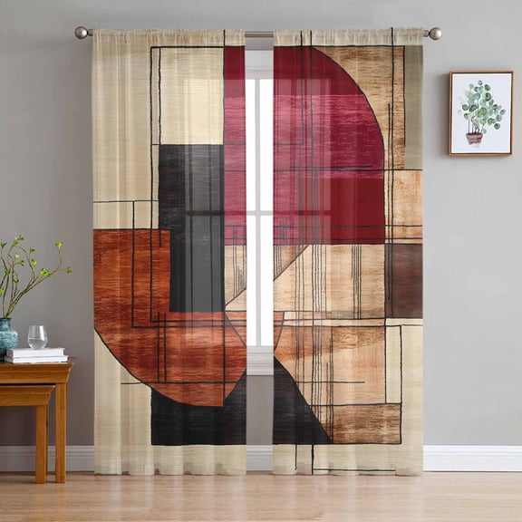 Red Beige Geometric Sheer Curtains 63 Inches Length 2 Panels Set, Window Sheer Curtains for Living Room/Bedroom, Modern Abstract Art Light Filtering Rod Pocket Curtain 52'' x 63'' x 2
