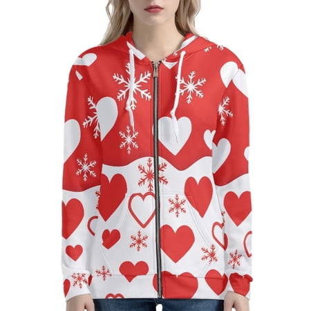 Renewold Lightweight Women s Zip Up Hoodie Sweatshirt Red Heart Snowflake Long Sleeve Crewneck Jacket Tops with Drawstring Valentine s Day Y2K Streetwear Size S