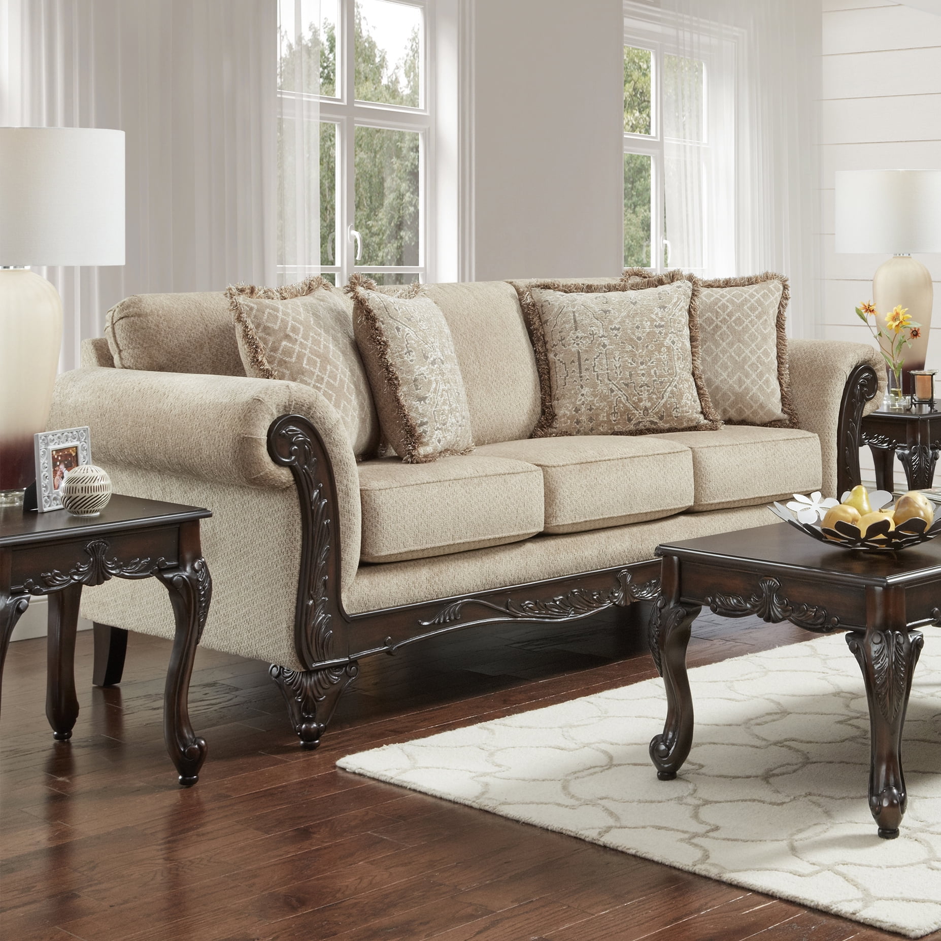 Roundhill Furniture Hernen Carved Wood Frame Sofa, Emma Wheat