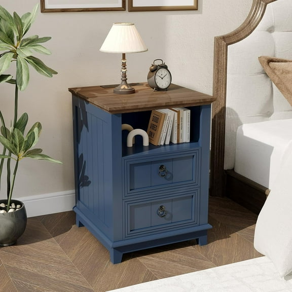 Rugerasy End Table Modern Farmhouse Bed Side Table,Wooden Nightstand with Charging Station with 2 Drawers and Open Shelf for Bedroom,Blue