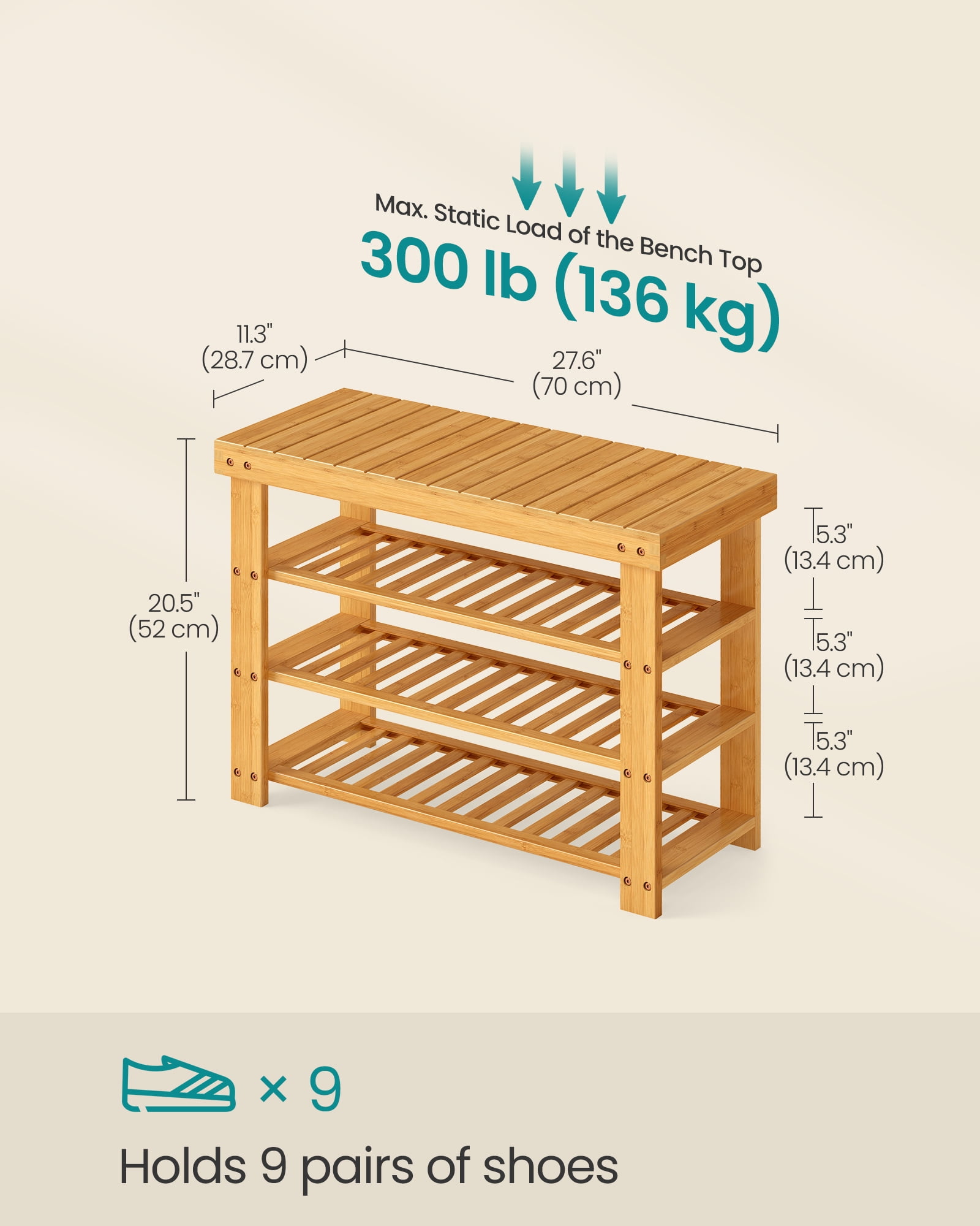 SONGMICS Shoe Rack Bench, 3 Tier Bamboo Shoe Storage Organizer, Entryway Bench, for Living Room, Bathroom, Bedroom, 11.3 x 27.6 x 20.5 Inches, Light Bamboo