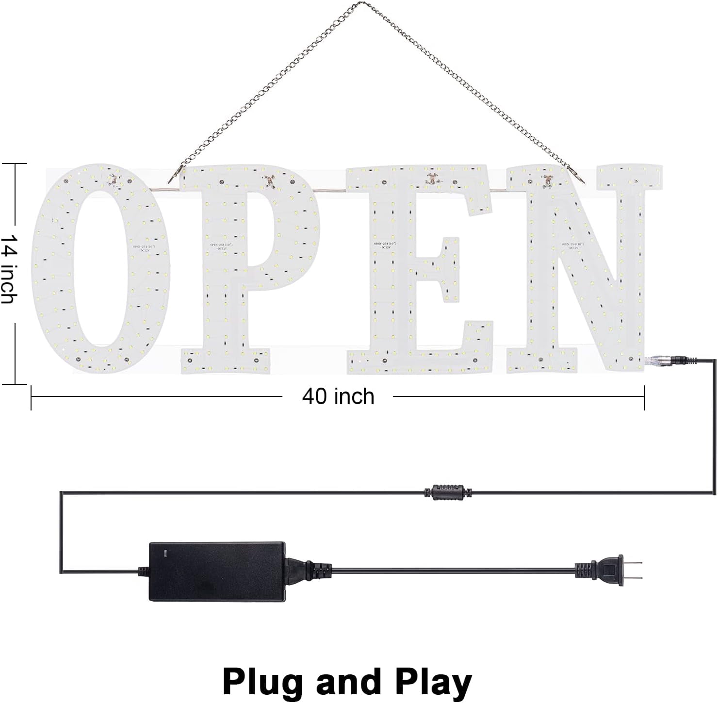 Ultra Bright 40"x14" Large LED Open Sign for Business with Hanging Installation