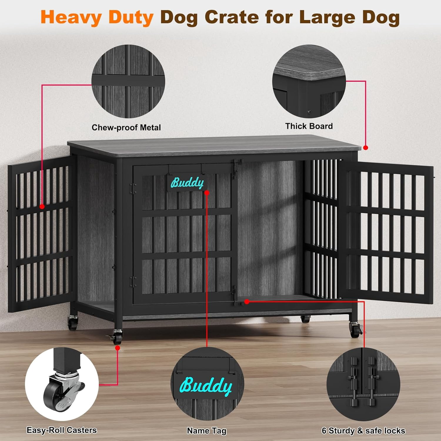 POAO 48"Dog Crate Furniture with Name Tag, Heavy Duty Dog Kennel Indoor for Large Dog, Escape-Proof &Chew-Proof Dog Cage for High Anxiety Dog