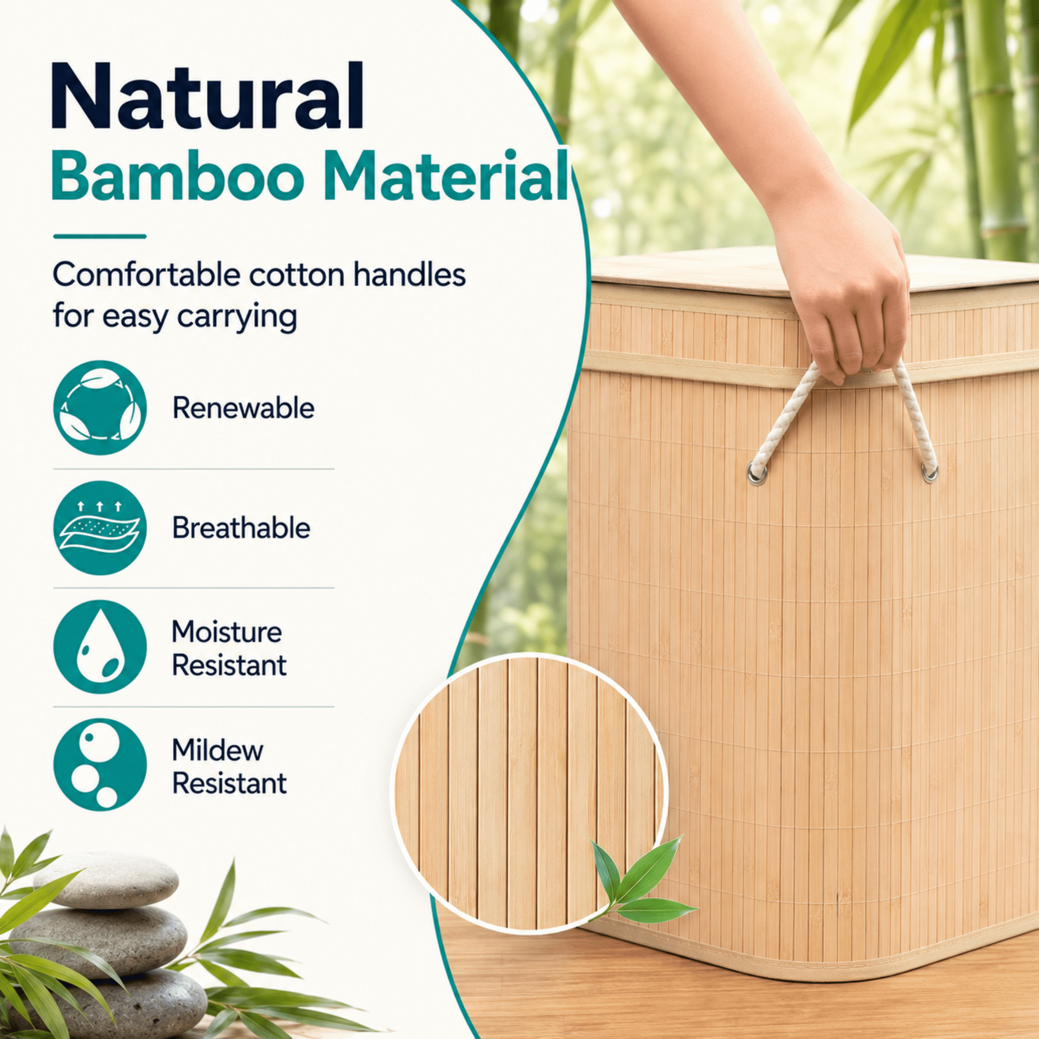 MEHOOM Laundry Hamper, 100L Foldable Laundry Basket with Lid and Handles (Natural Bamboo)