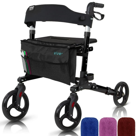Andador con ruedas Vive Mobility - Andador médico plegable de 4 ruedas con asiento y bolsa - Ayuda de movilidad para adultos, personas mayores y personas con discapacidad (Negro medianoche, Bolsa negr
