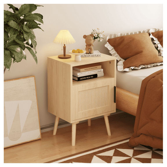 22.83" H Rattan Nightstand, Side Table with Door Open Shelf,Accent Bedside End Table with Solid Wood Legs for Bedroom, Dorm and Small Spaces Oak MDF