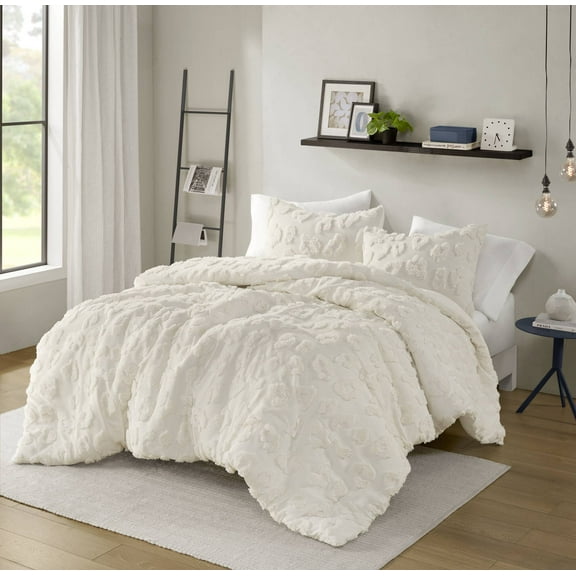 King/Cal King Animal Chenille Duvet Cover Set - 104"X90" Textured Bedding with 2 Shams, Button Closure & Inner Ties, Oeko-Tex Certified (White)