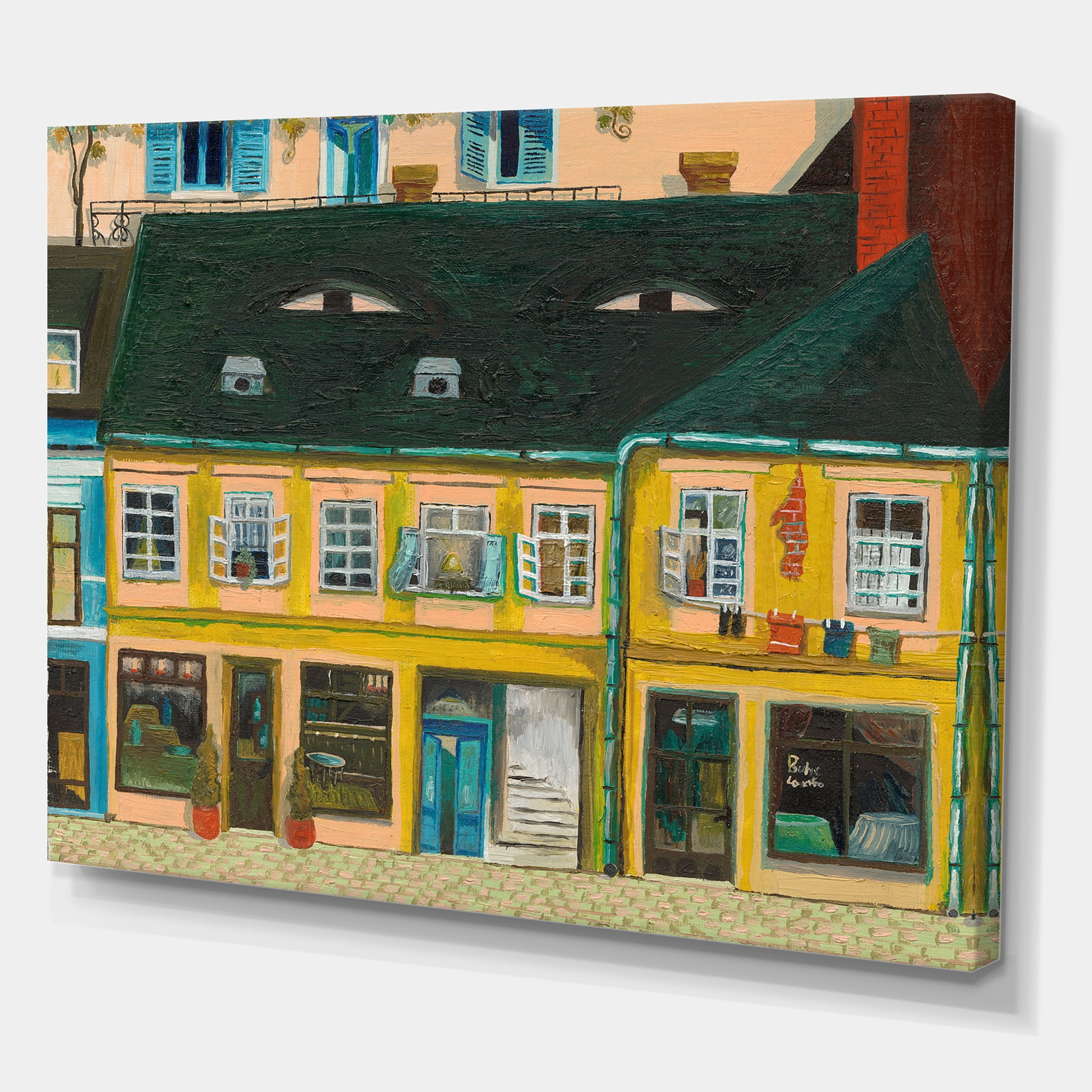 Designart ' Abstract Yellow Facade of Houses In Street In Paris ' French Country Canvas Wall Art Print