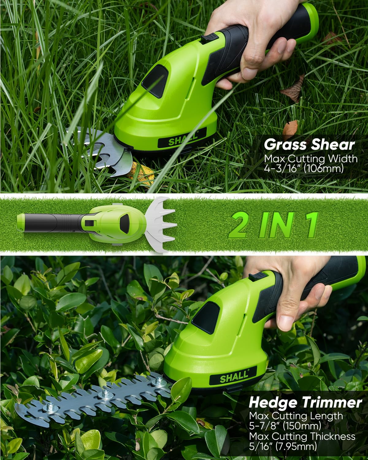 SHALL Hedge Trimmer Cordless & 7.2V Electric Grass Shear, 2 in 1 Handheld Hedge Clippers w/ 2.0Ah Rechargeable Battery & Type-C Fast Charger - Green