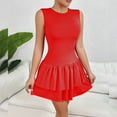 thumbnail image 2 of Ruffle Midi Dresses For Women Casual Daily Crew Neck Sleeveless Solid Color Pleated Short Dresses for Women Trendy Red M, 2 of 8