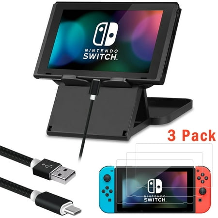 TSV 3in1 Starter Kit for Nintendo Switch,Multi Angle Holder Play Stand Bracket with 33 Feet USB C Type C Charging Cable + 3PCS Screen