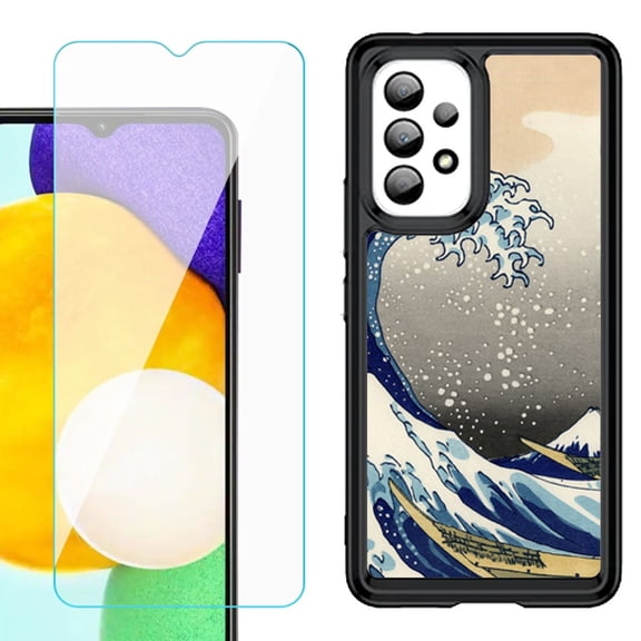 Shockproof Bumper (Black Frame) phone Case for Samsung Galaxy A23 5G, with Tempered Glass Screen Protector, by OneToughShield ® - Great Wave