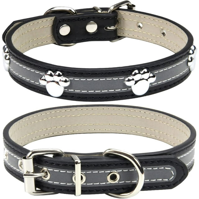 YSTINNG Reflective Dog Collar with Cute Paw Rivet Studded Funny Soft PU Leather Adjustable Puppy Dog Collars for Small Medium Large Dogs Cats (Black,Small) YD72-344