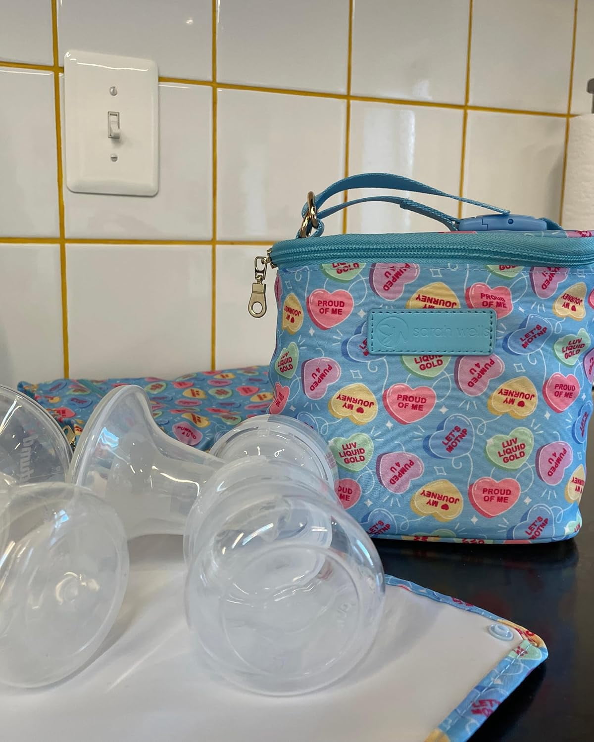 Sarah Wells Cold Gold Breast Milk Cooler Bag with Ice Pack, Insulated Storage for Bottles & Pump Parts, Washable(Candy Conversation Hearts)