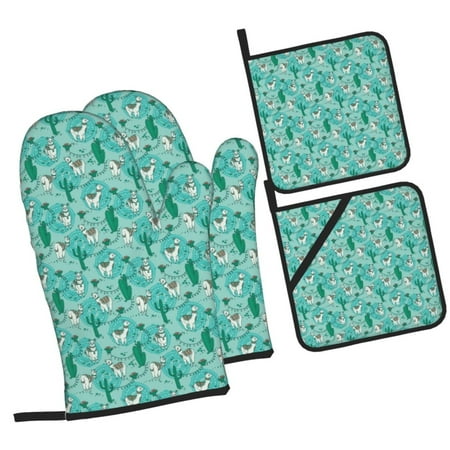 

Pofeuu Alapaca in Boho Print Oven Mitts and Pot Holders 4 pcs Set High Heat Resistant 500 Degree Extra Thicken Long Kitchen Cotton Oven Glove for Cooking