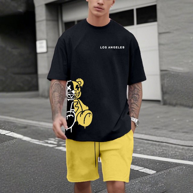 WILLBEST Conjunto de Traje para Hombre con Estampado de Oso para Uso Exterior E Informal. Combinación de Manga Corta y Pantalones Cortos para Verano. Ideal para Relajación y Actividades Físicas.