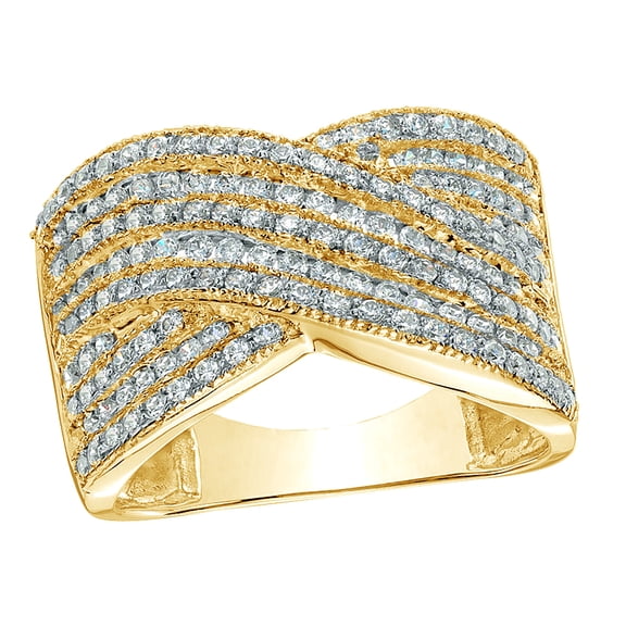 AFFY White Natural Diamond Layered Criss Cross Engagement Ring in 10k Yellow Gold (1 cttw)