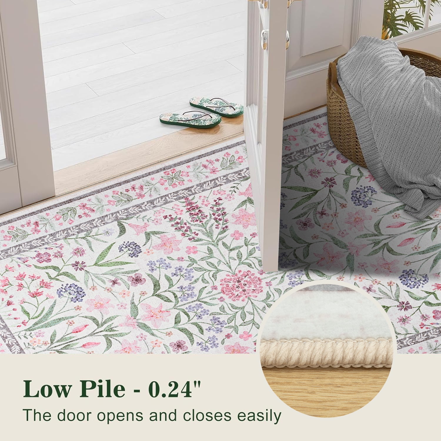 Astorug 4x6 Ft Pink Floral Area Rug - Machine Washable Low Pile Non-Slip Carpet, Boho Vintage Farmhouse Decor for Living Room, Bedroom, Nursery & Office