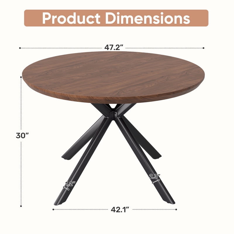Hawsaiy 47" Round Dining Table for 4-6, Modern Farmhouse Kitchen Table with Metal Legs, Wood Circle Dinner Table for Kitchen & Dining Room, Walnut
