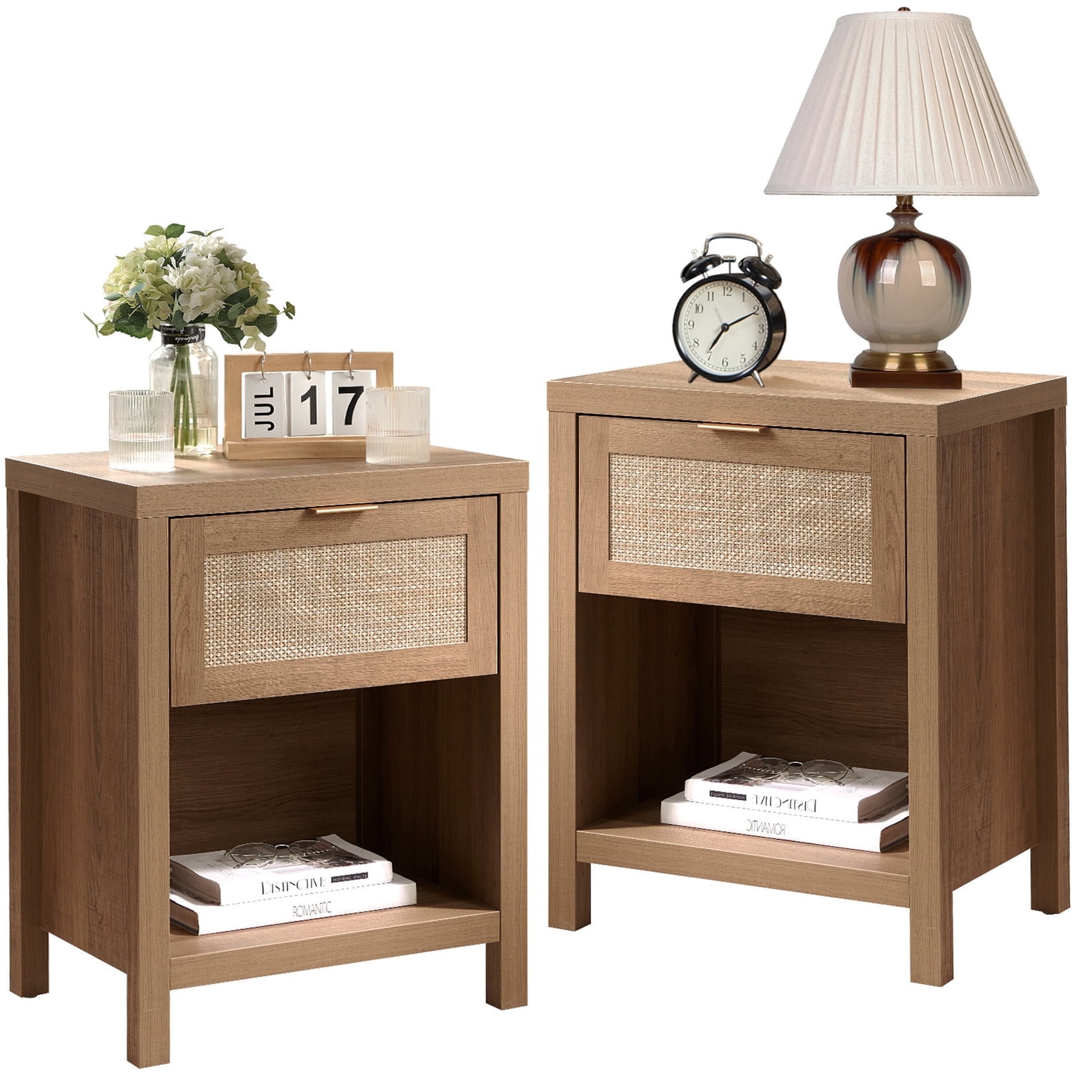 Surmoby Rattan Nightstand Set of 2 Farmhouse Bedside Tables Night Stands with Drawer and Storage Shelf Boho Side Tables for Living Room Bedroom Oak
