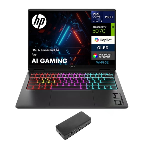HP OMEN Transcend 14 AI Gaming Laptop 14.0in 2.8K (Intel Ultra 9-285H, GeForce RTX 5070 8GB, 32GB LPDDR5X, 4TB PCIe SSD, Win 11 Home) w/USB-C Dock