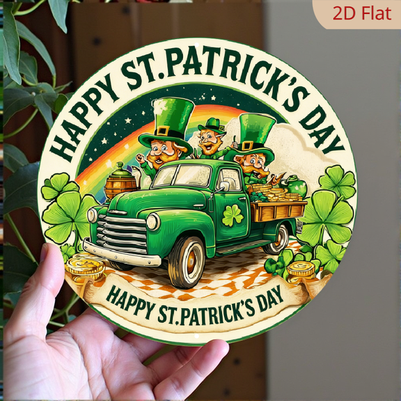 1pc St Patrick's Day Truck Wreath Sign - Vintage Irish Truck with Shamrocks, Leprechaun Drivers Pot of Golden - Heavy-Duty Aluminum Metal Wall Decor - 8x8 Inch Irish Party Decoration for Hom