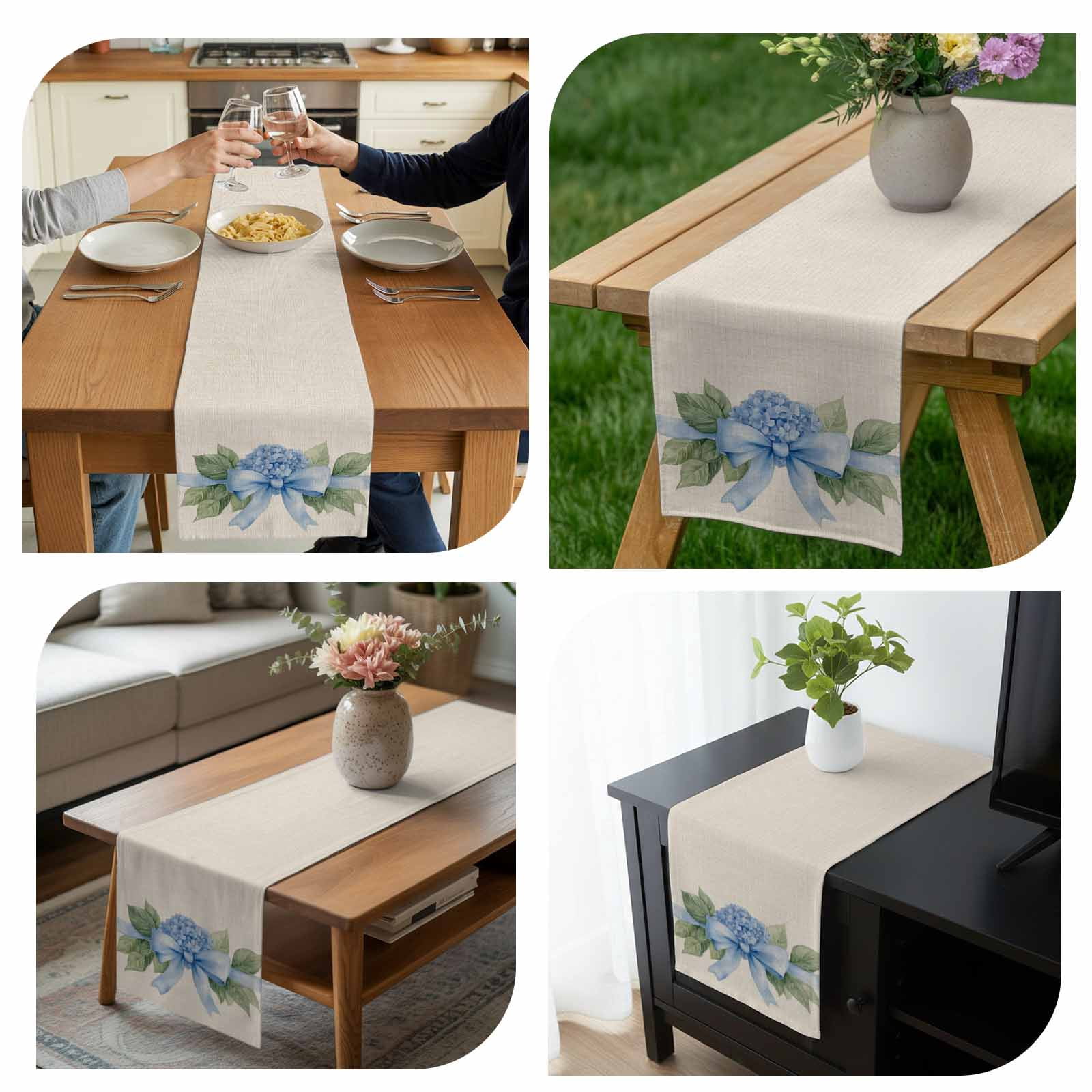 Blue Bow Hydrangea Cotton Linen Table Runner Spring Flower Green Leaf Watercolor Linen Texture Dining Table Runners for Home Decor Party Dining Room Restaurant Kitchen 13" x 108"